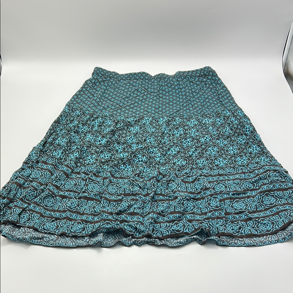 Sag Harbor Women's Maxi Skirt Large Rayon  Blue Printed Tiered Brown Bohemian
